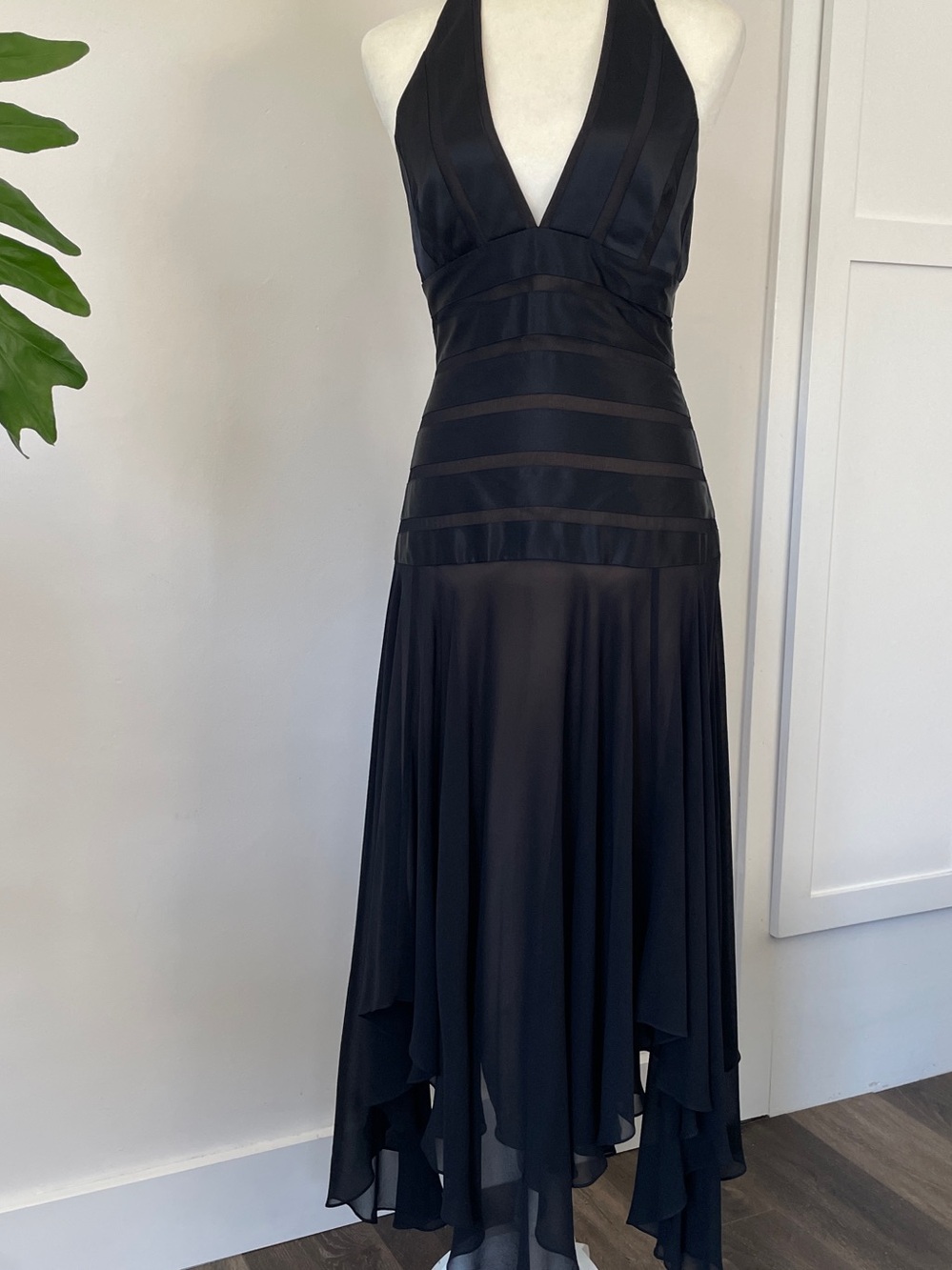 Vintage Y2K, BCBG MAXAZRIA black silk halter dress with handkerchief hem line